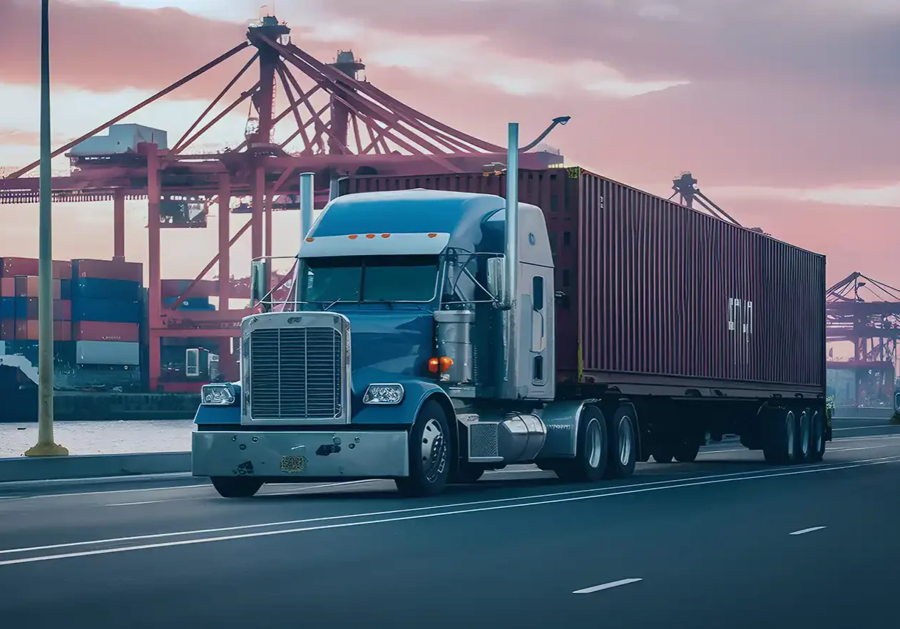 Semi-truck driving past shipping docks